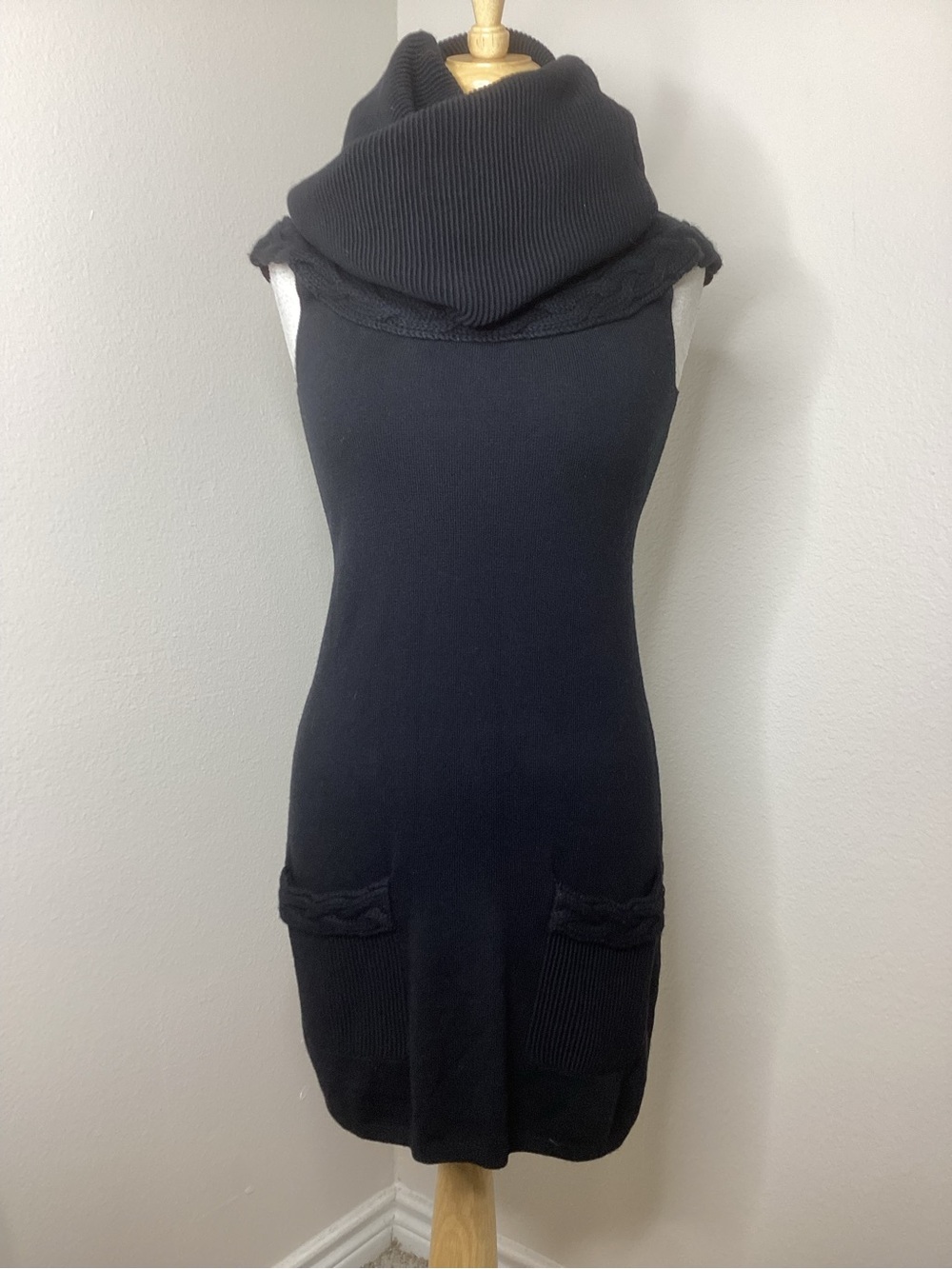 Abi Ferrin Black Cashmere Funnel Neck Sweater Dress Cap Sleeves USA Sm